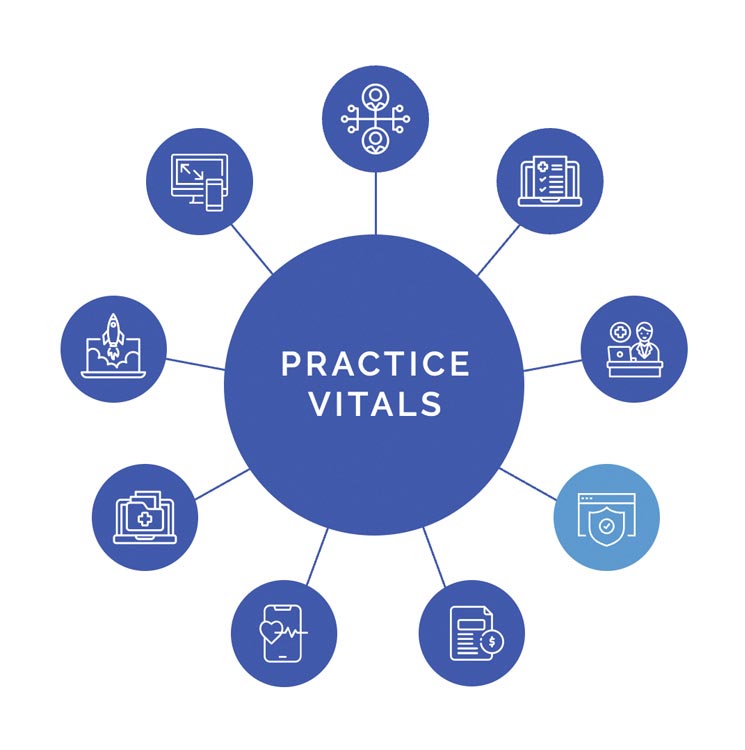 Graphic of 4th Season Consulting Practice Vitals with 9 spokes showing IT Services and Security spoke