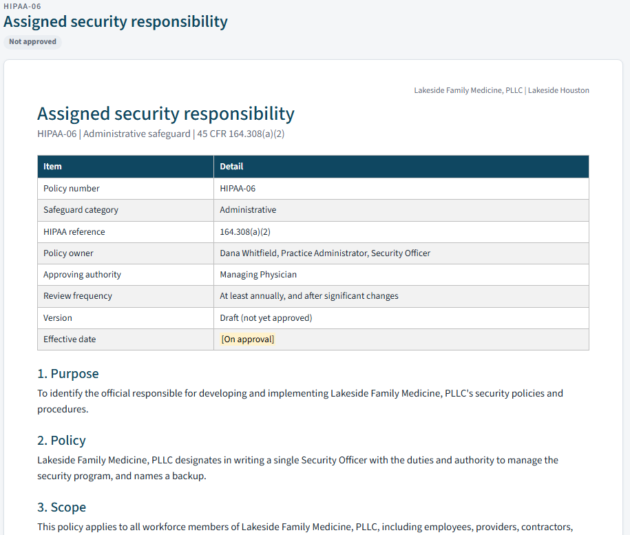 Plinth policy document for Assigned security responsibility (HIPAA-06), showing policy details, purpose, policy and scope